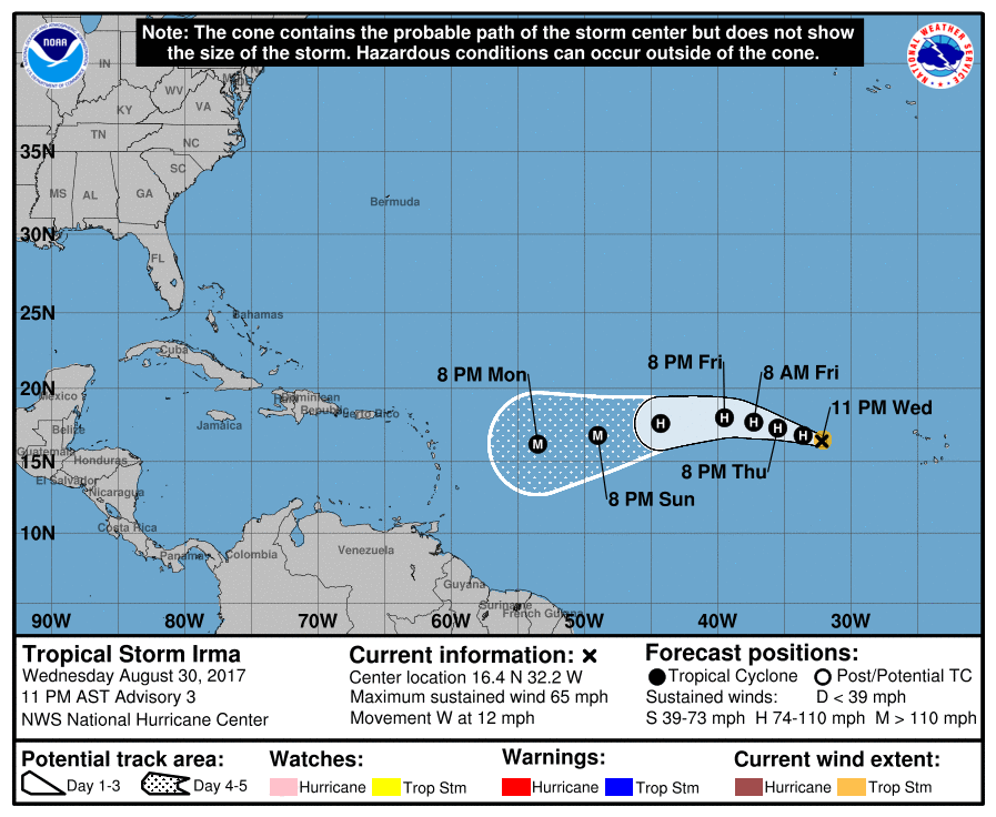 METEO. La tempête tropicale Irma pourrait se transformer en ouragan ce jeudi (Source NHC)