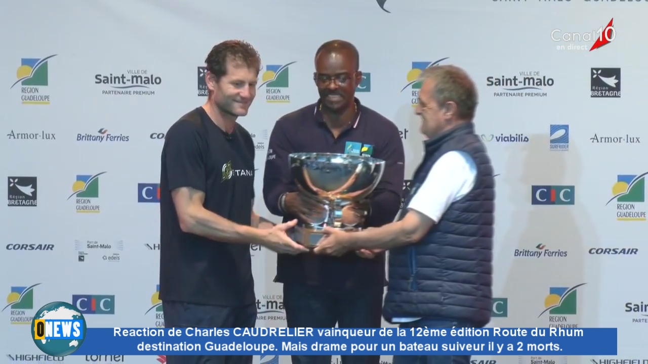 [Vidéo]Réaction de Charles CAUDRELIER vainqueur de la 12ème édition Route du Rhum  destination Guadeloupe. Mais drame pour un bateau suiveur il y a 2 morts.