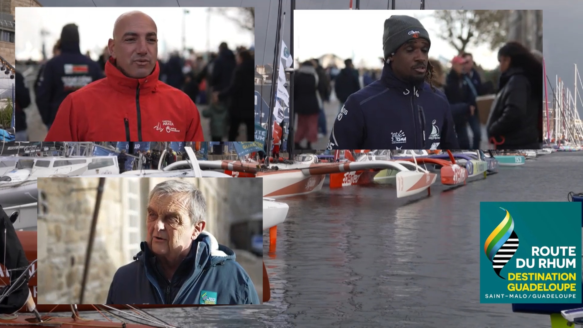 Onews. Route du Rhum .Interview de Damien SEGUIN,Kéni PIPEROL et Gilles LURTON Maire de Saint Malo