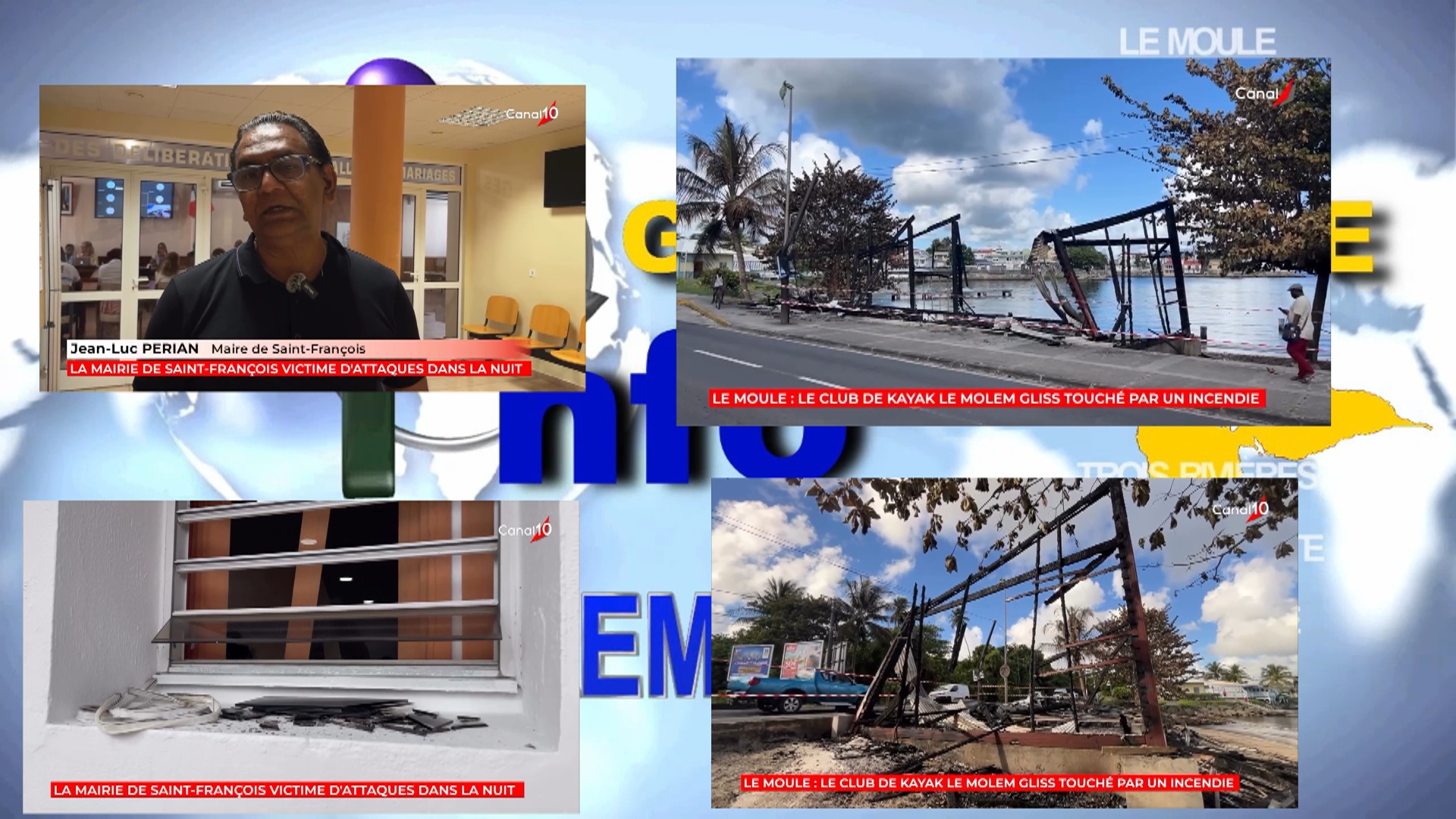 Flash spécial Violences en Guadeloupe. La Mairie de Saint t françois attaquée, Au Moule le club Kayak incendié