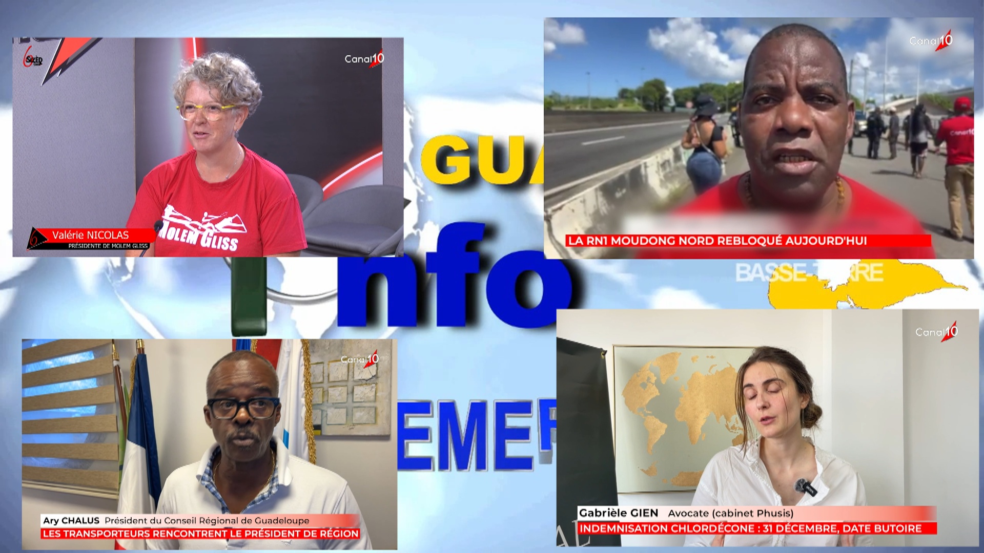 Onews Guadeloupe Jt canal 10. A la une Blocage des routes avec interview de Ary CHALUS Pdt Région.